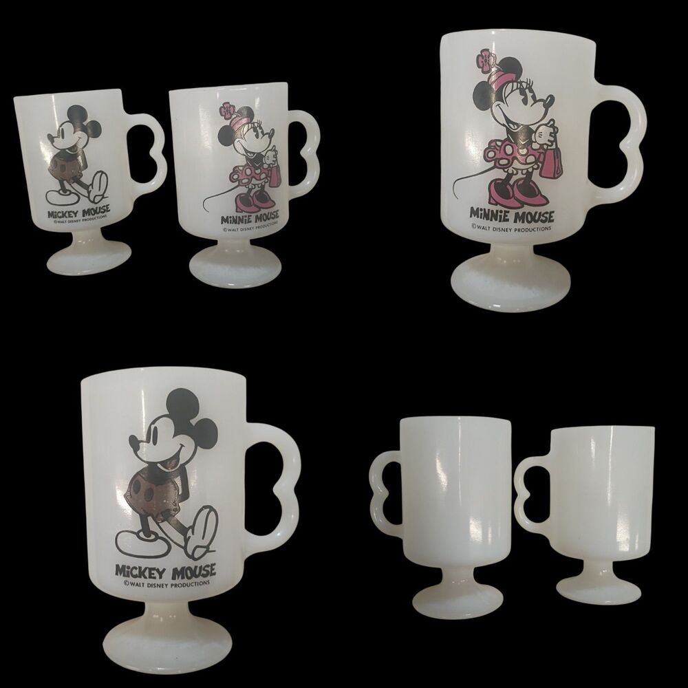 Vintage Mickey And Minnie Milk glass Walt Disney Productions Mugs - Footed